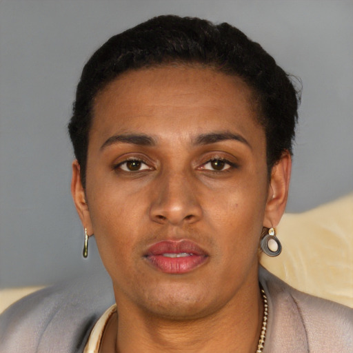 Neutral latino young-adult female with short  brown hair and brown eyes