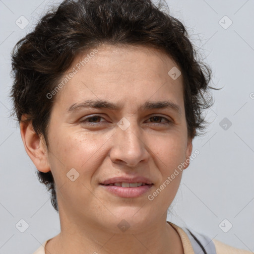 Joyful white adult female with short  brown hair and brown eyes