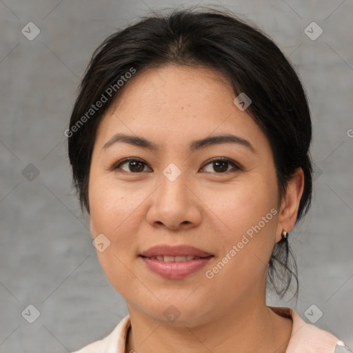 Joyful asian young-adult female with medium  brown hair and brown eyes