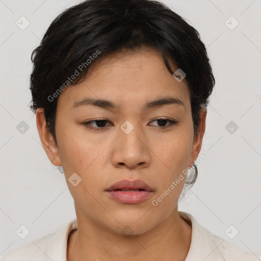 Neutral asian young-adult female with short  brown hair and brown eyes