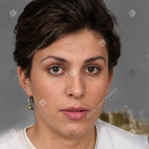 Neutral white young-adult female with short  brown hair and brown eyes