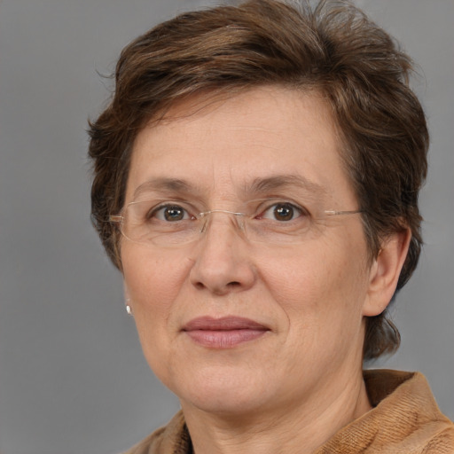 Joyful white middle-aged female with medium  brown hair and brown eyes