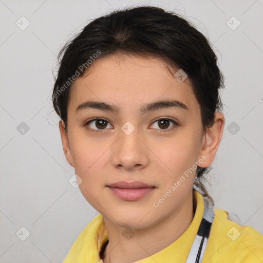 Neutral white young-adult female with short  brown hair and brown eyes