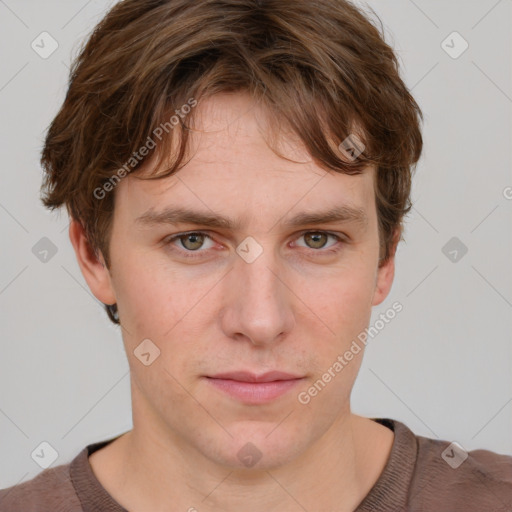 Neutral white young-adult male with short  brown hair and grey eyes