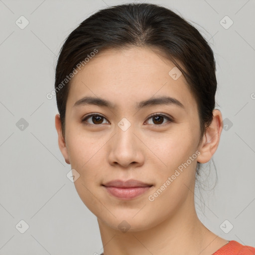 Neutral white young-adult female with short  brown hair and brown eyes