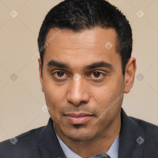 Neutral latino young-adult male with short  black hair and brown eyes