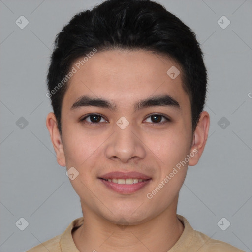 Joyful latino young-adult male with short  brown hair and brown eyes