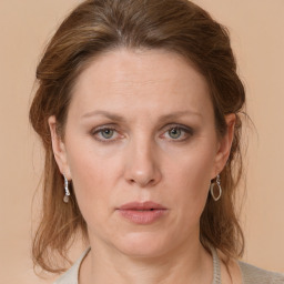 Neutral white adult female with medium  brown hair and grey eyes