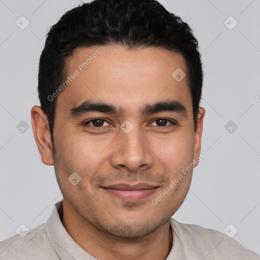 Joyful white young-adult male with short  brown hair and brown eyes