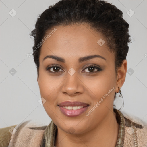 Joyful latino young-adult female with short  brown hair and brown eyes