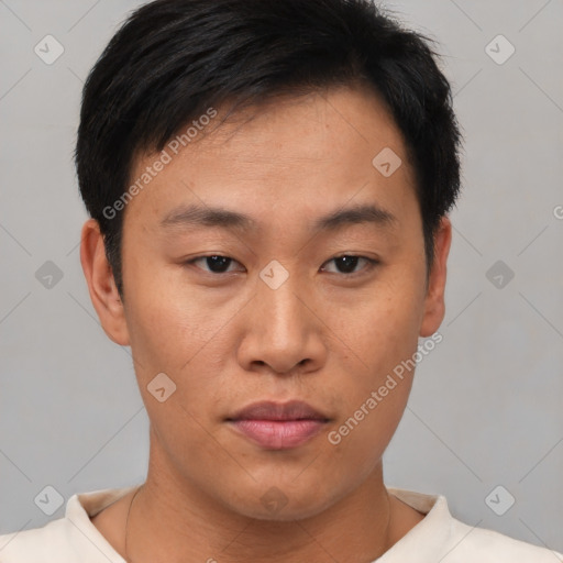 Neutral asian young-adult male with short  brown hair and brown eyes