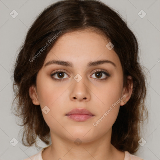 Neutral white young-adult female with medium  brown hair and brown eyes