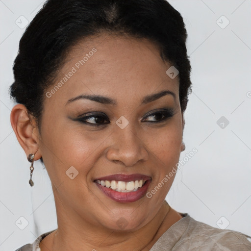 Joyful latino young-adult female with short  brown hair and brown eyes