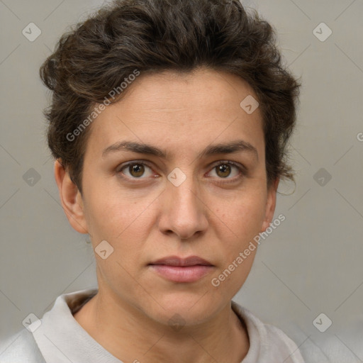 Neutral white young-adult female with short  brown hair and brown eyes