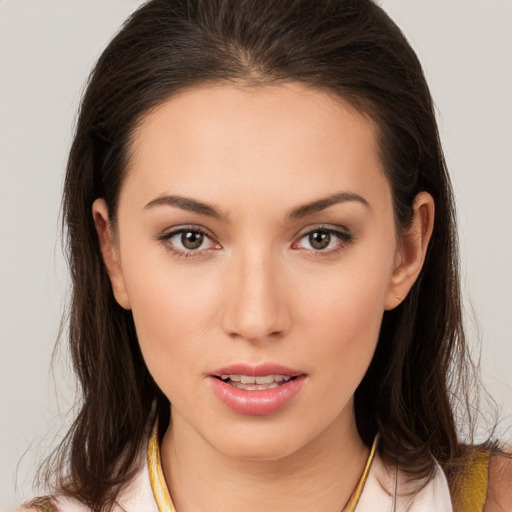 Neutral white young-adult female with medium  brown hair and brown eyes