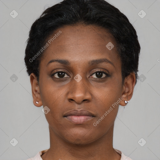 Neutral black young-adult female with short  black hair and brown eyes