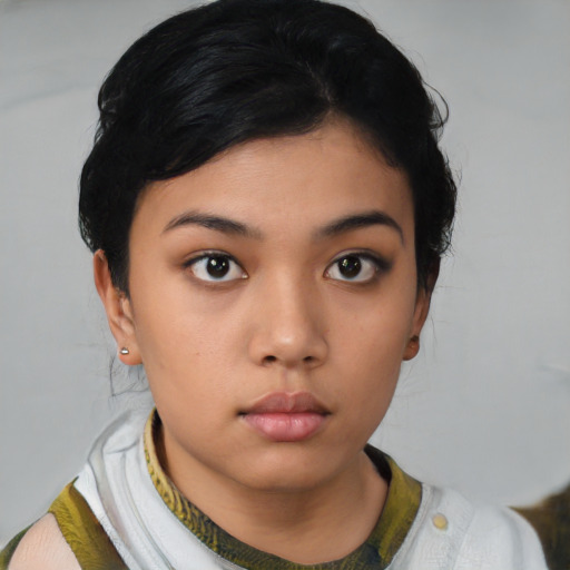 Neutral asian young-adult female with short  black hair and brown eyes