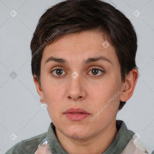 Neutral white young-adult female with short  brown hair and brown eyes