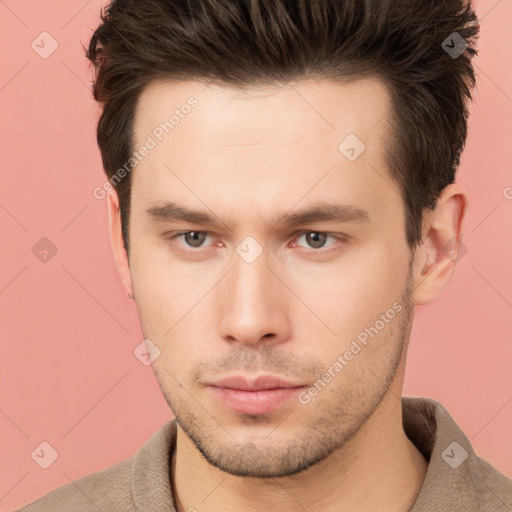 Neutral white young-adult male with short  brown hair and brown eyes