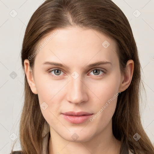 Neutral white young-adult female with long  brown hair and grey eyes