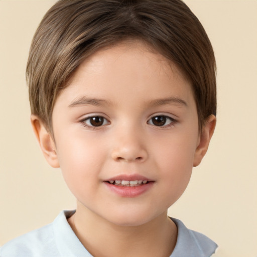 Joyful white child female with short  brown hair and brown eyes