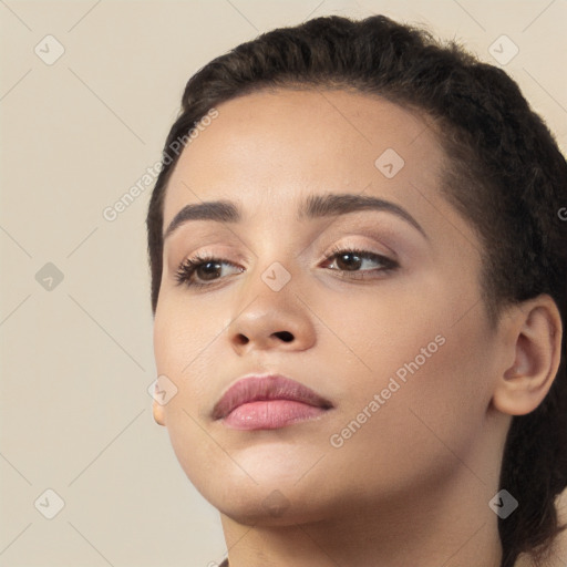 Neutral white young-adult female with long  brown hair and brown eyes