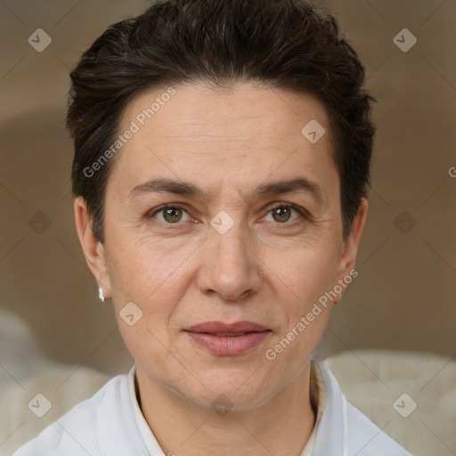 Joyful white adult female with short  brown hair and brown eyes