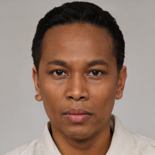 Neutral black young-adult male with short  black hair and brown eyes