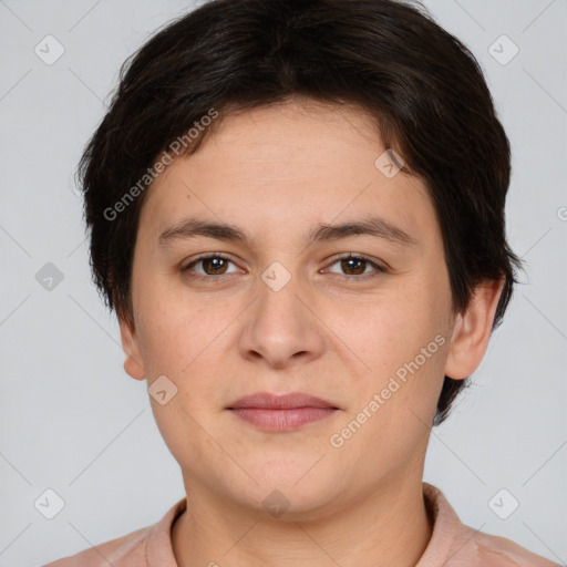 Joyful white young-adult female with short  brown hair and brown eyes