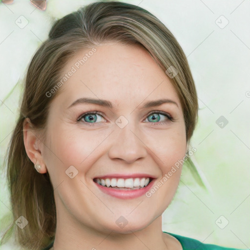 Joyful white young-adult female with medium  brown hair and green eyes