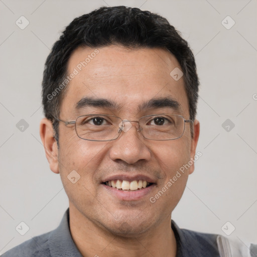 Joyful white adult male with short  black hair and brown eyes