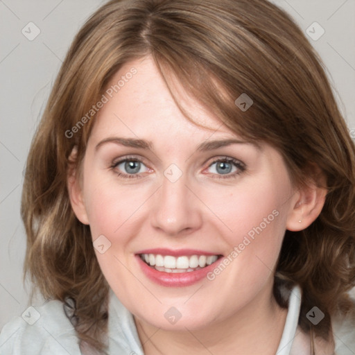 Joyful white young-adult female with medium  brown hair and blue eyes