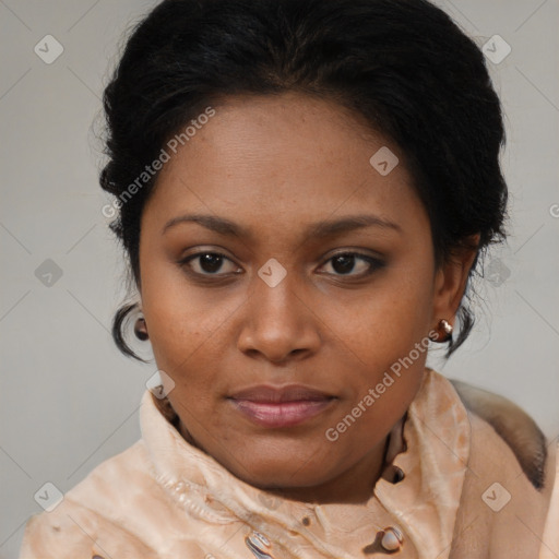 Joyful black young-adult female with medium  brown hair and brown eyes