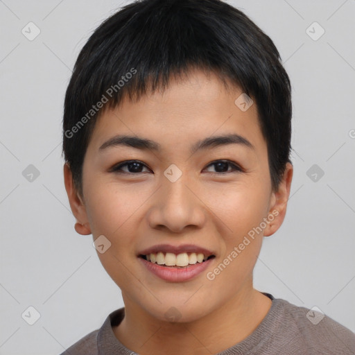 Joyful asian young-adult female with short  black hair and brown eyes