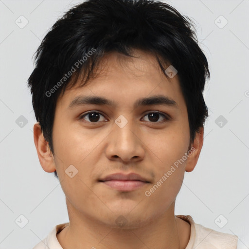 Neutral asian young-adult male with short  black hair and brown eyes