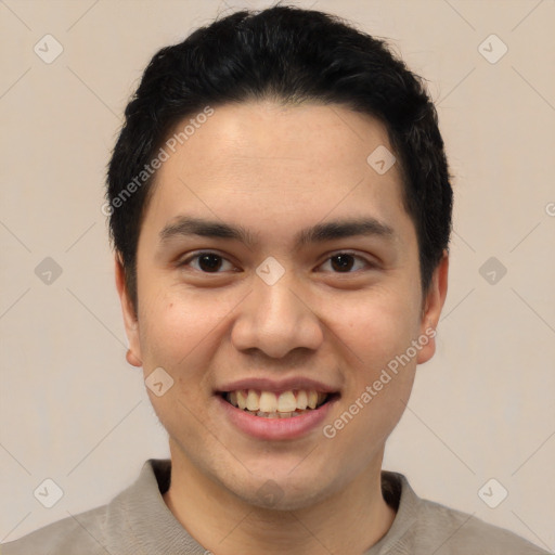 Joyful white young-adult male with short  black hair and brown eyes