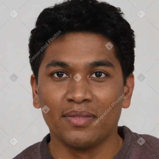 Joyful black young-adult male with short  black hair and brown eyes