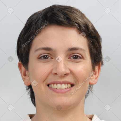 Joyful white young-adult female with medium  brown hair and brown eyes