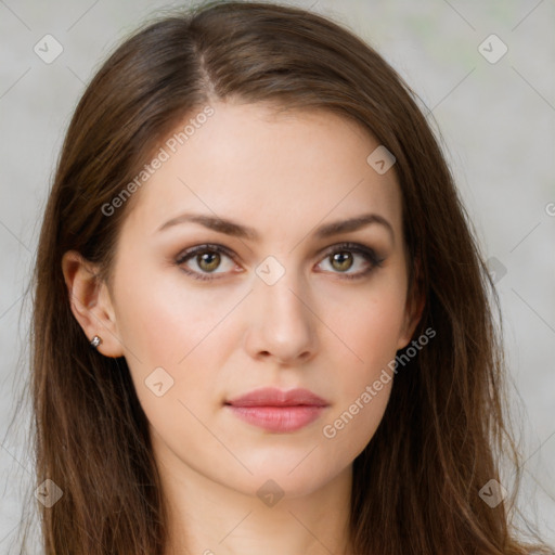 Neutral white young-adult female with long  brown hair and brown eyes