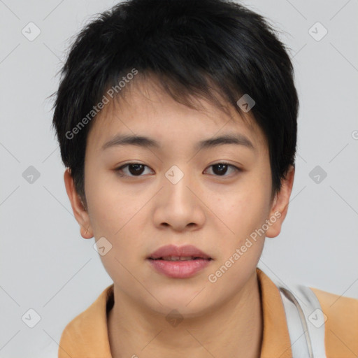 Neutral asian young-adult female with short  brown hair and brown eyes