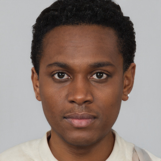 Neutral black young-adult male with short  black hair and brown eyes