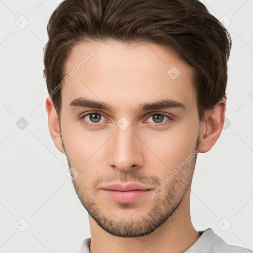 Neutral white young-adult male with short  brown hair and brown eyes