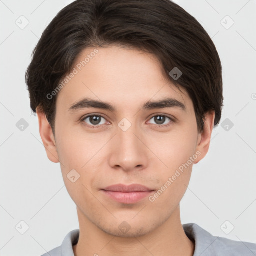 Neutral white young-adult male with short  brown hair and brown eyes