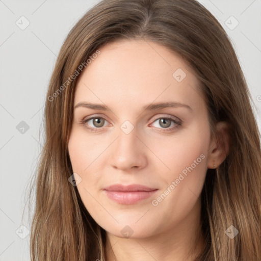 Neutral white young-adult female with long  brown hair and grey eyes