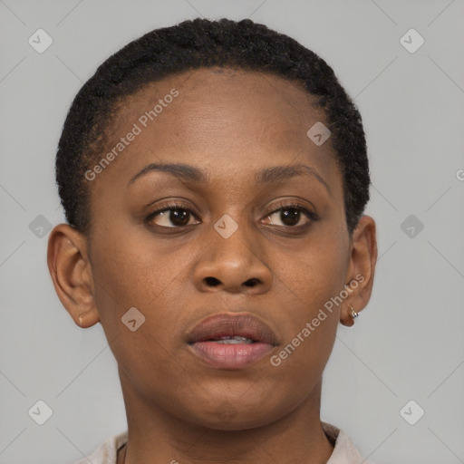 Neutral black young-adult female with short  brown hair and brown eyes