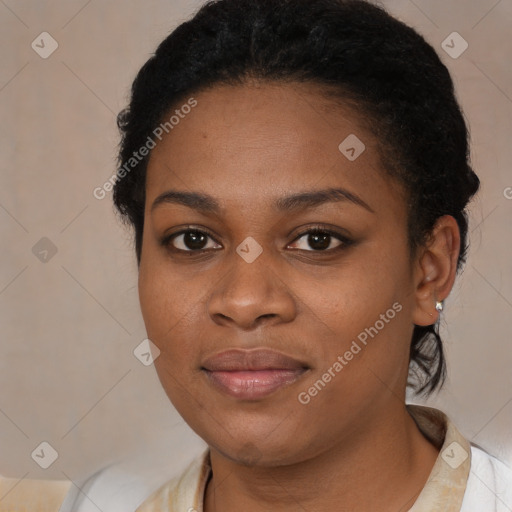 Joyful latino young-adult female with medium  black hair and brown eyes