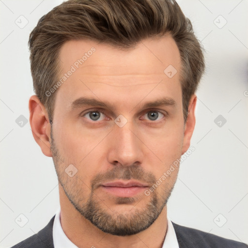 Neutral white adult male with short  brown hair and brown eyes