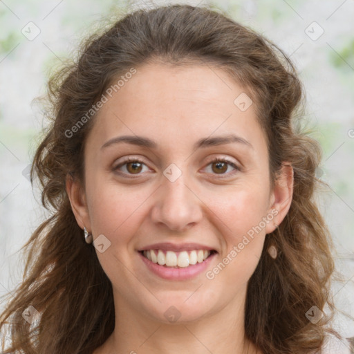 Joyful white young-adult female with long  brown hair and green eyes