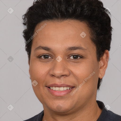 Joyful white adult female with short  brown hair and brown eyes