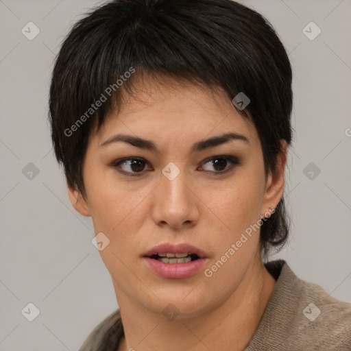 Neutral white young-adult female with short  brown hair and brown eyes